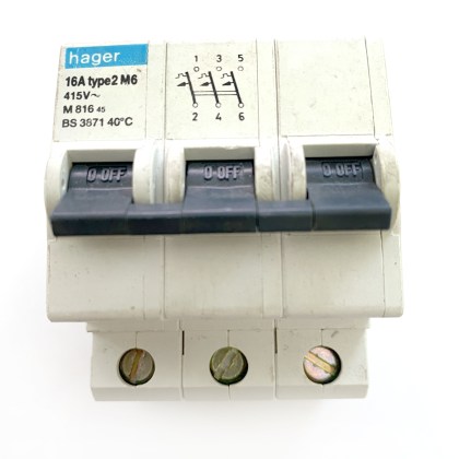 Hager M816 45 M6 16A 16 Amp 3 Pole Phase MCB Circuit Breaker Type 2